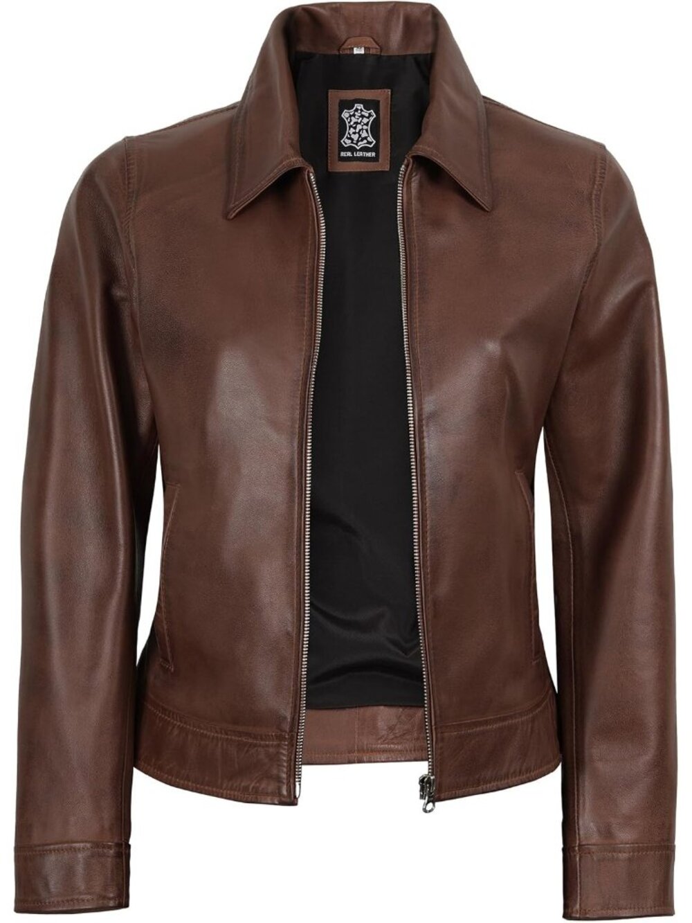 Women’s Casual Vintage Leather Jacket Stylish Biker Coat-M Cognac Wax